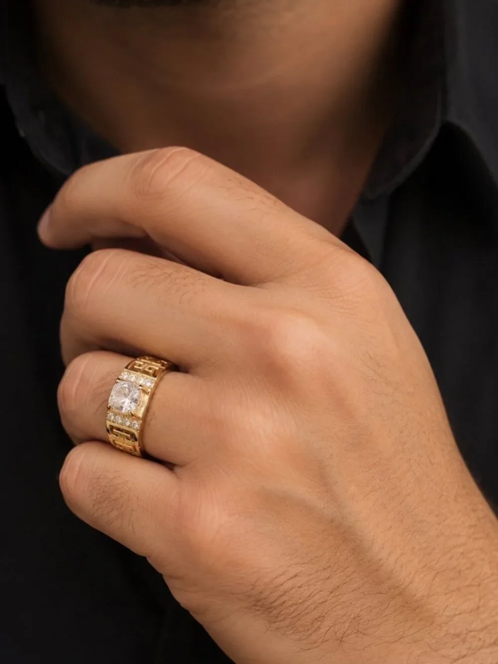 Men's 14K Gold Plated Greek Key Ring -  Iced CZ Statement Band - Brand New!